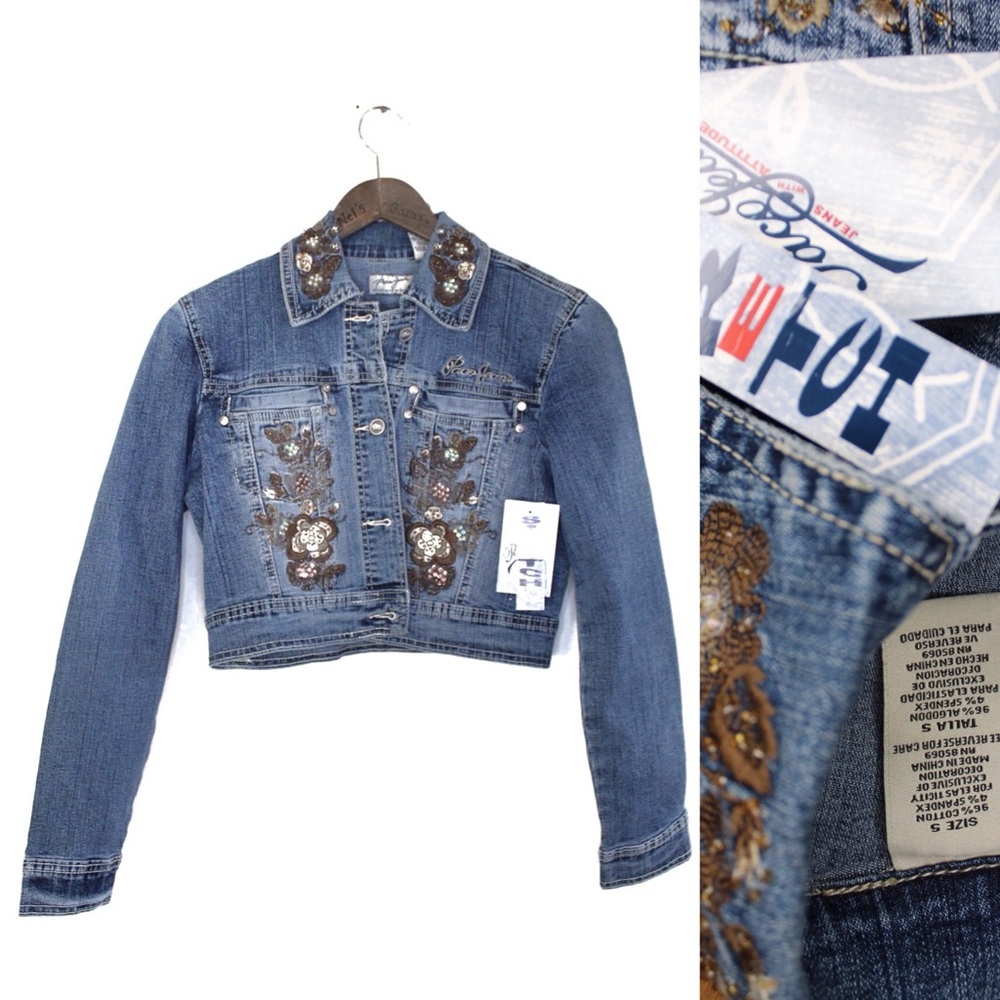 Paco Jeans NWT Distressed and Blingy Cropped Denim Jean Jacket Small